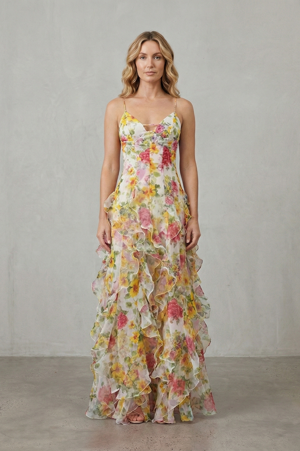 Watercolour Bloom Ruffled Chiffon Maxi Dress