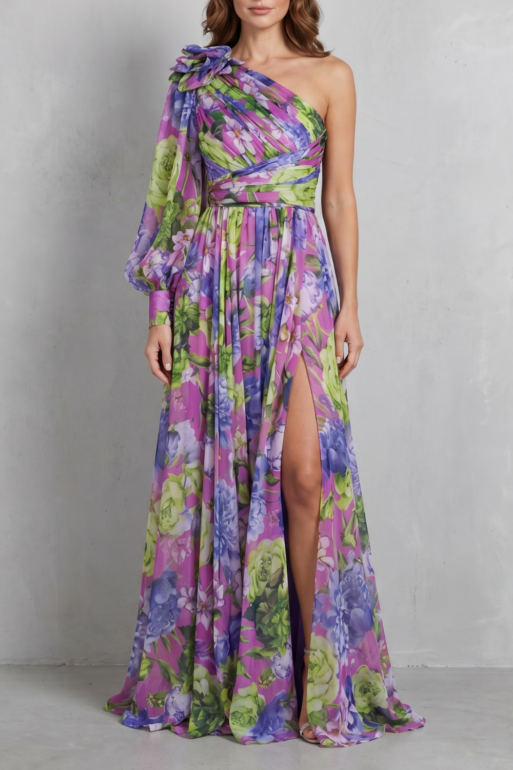 One-Shoulder Floral Drape Maxi Dress