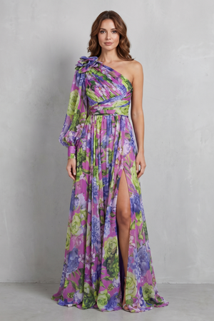 One-Shoulder Floral Drape Maxi Dress