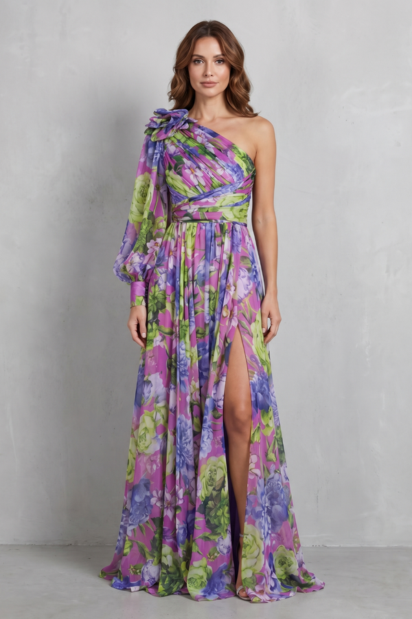 One-Shoulder Floral Drape Maxi Dress