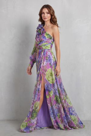 One-Shoulder Floral Drape Maxi Dress