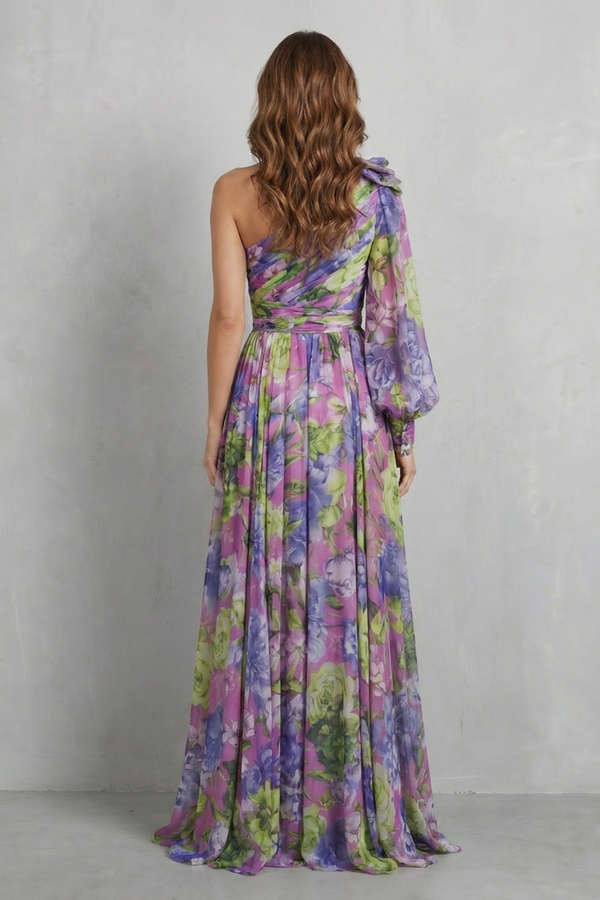 One-Shoulder Floral Drape Maxi Dress