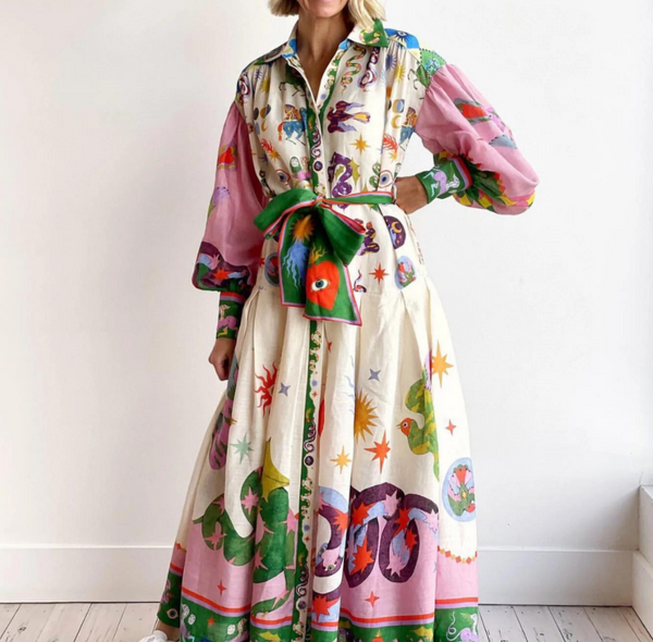 Long Sleeve Bishop Sleeve Printed Shirtdress Maxi Dress
