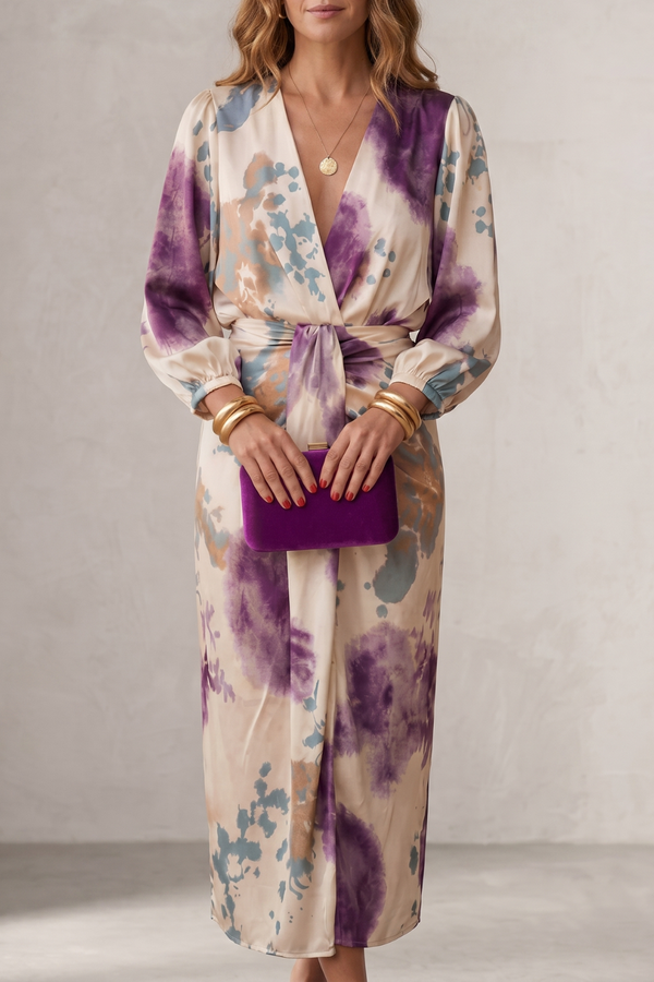 Watercolour Print Wrap Midi Dress
