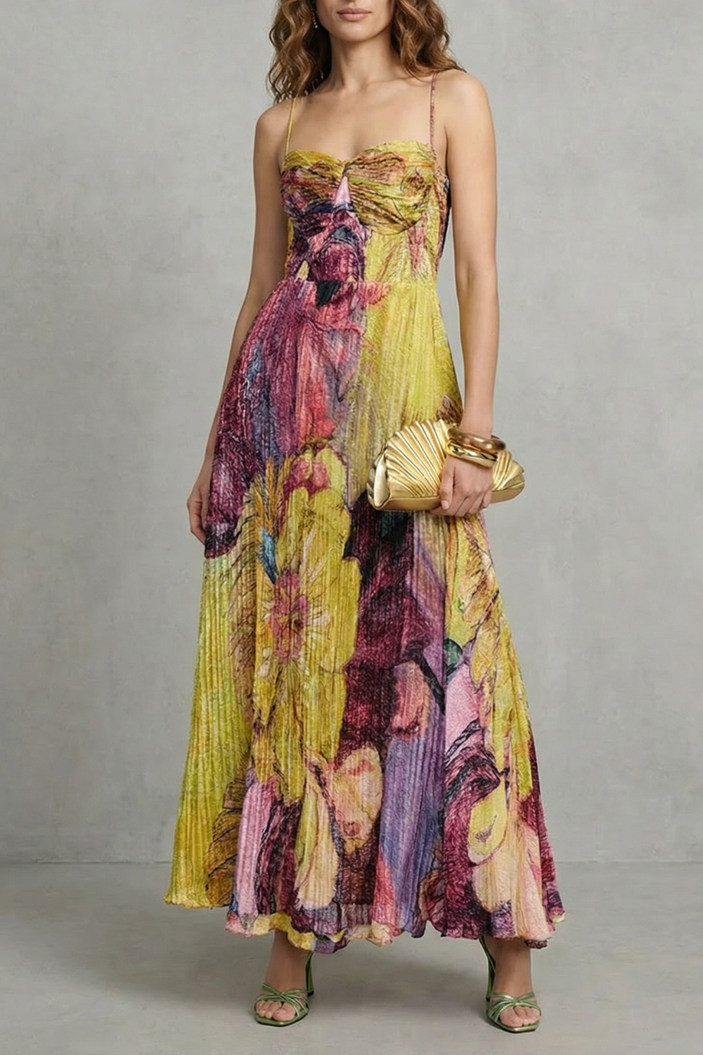 Watercolour Floral Pleats Flowing Maxi Dress