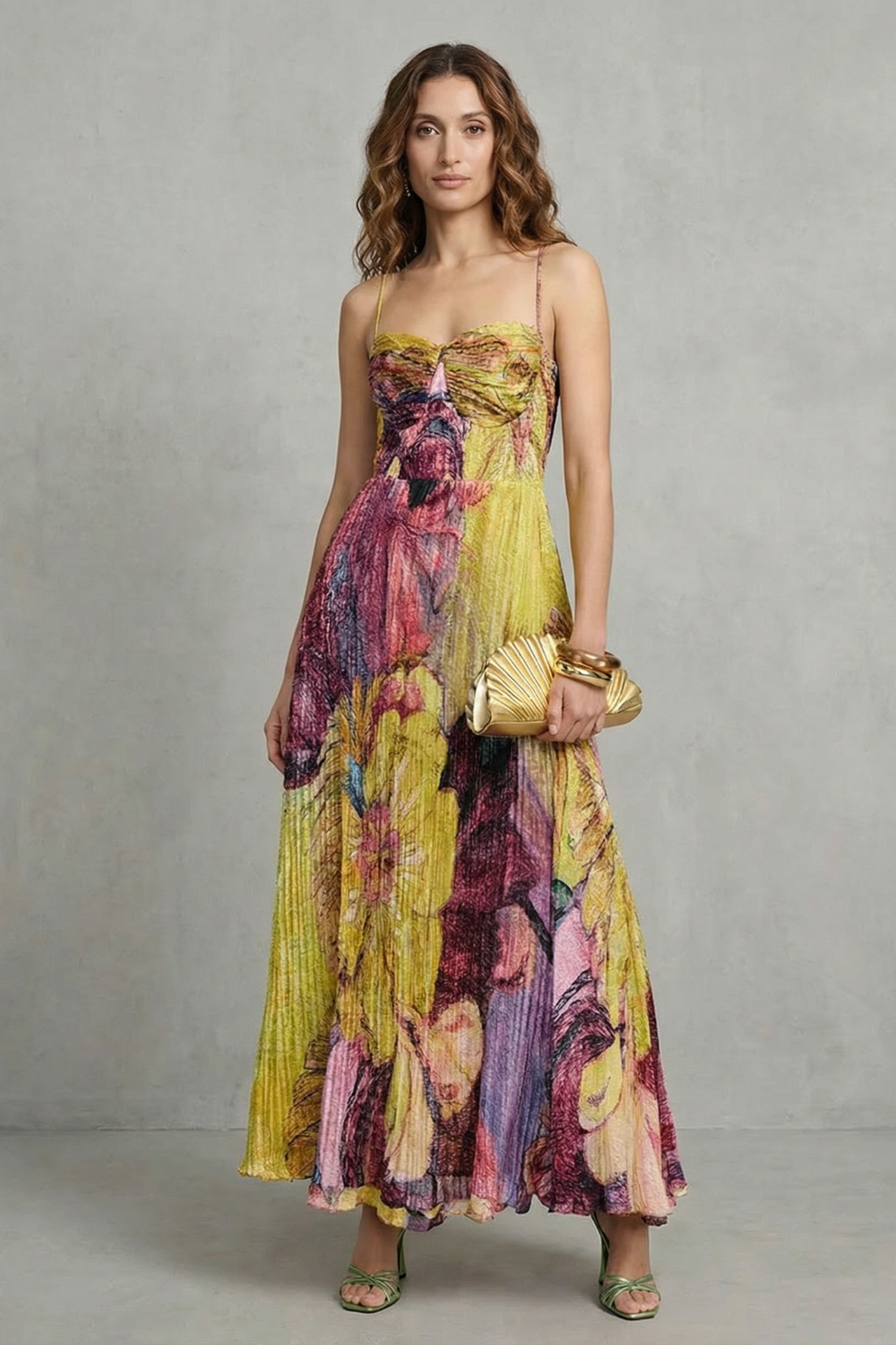 Watercolour Floral Pleats Flowing Maxi Dress