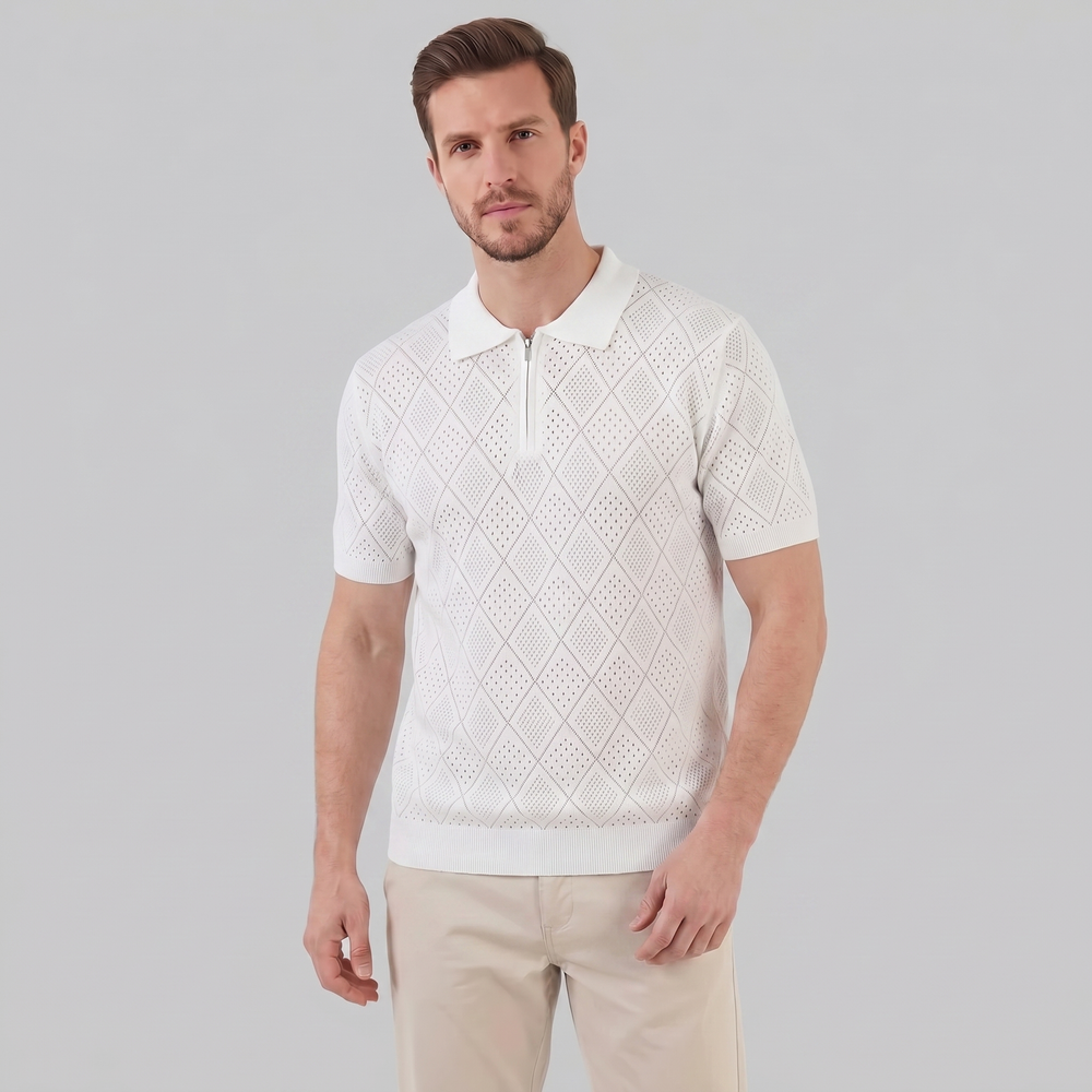 Argyle Pointelle Summer Zip Polo