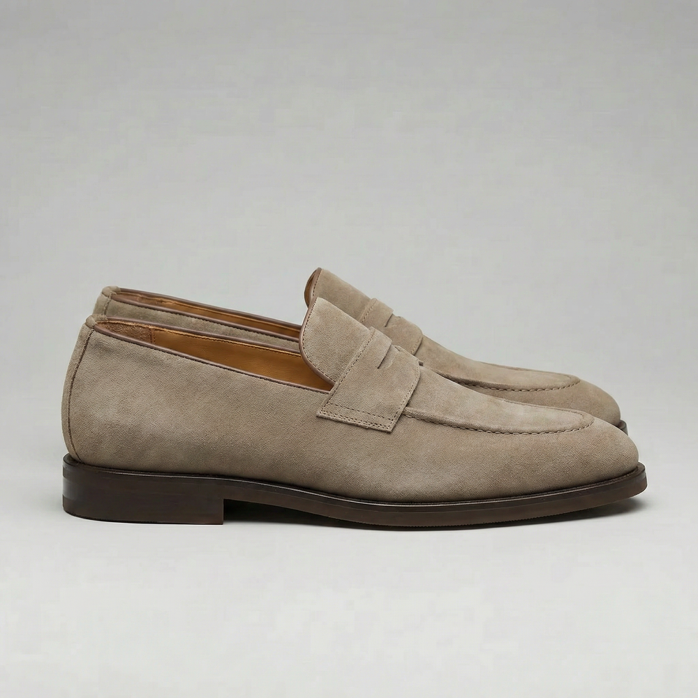 Beige Suede Penny Loafers