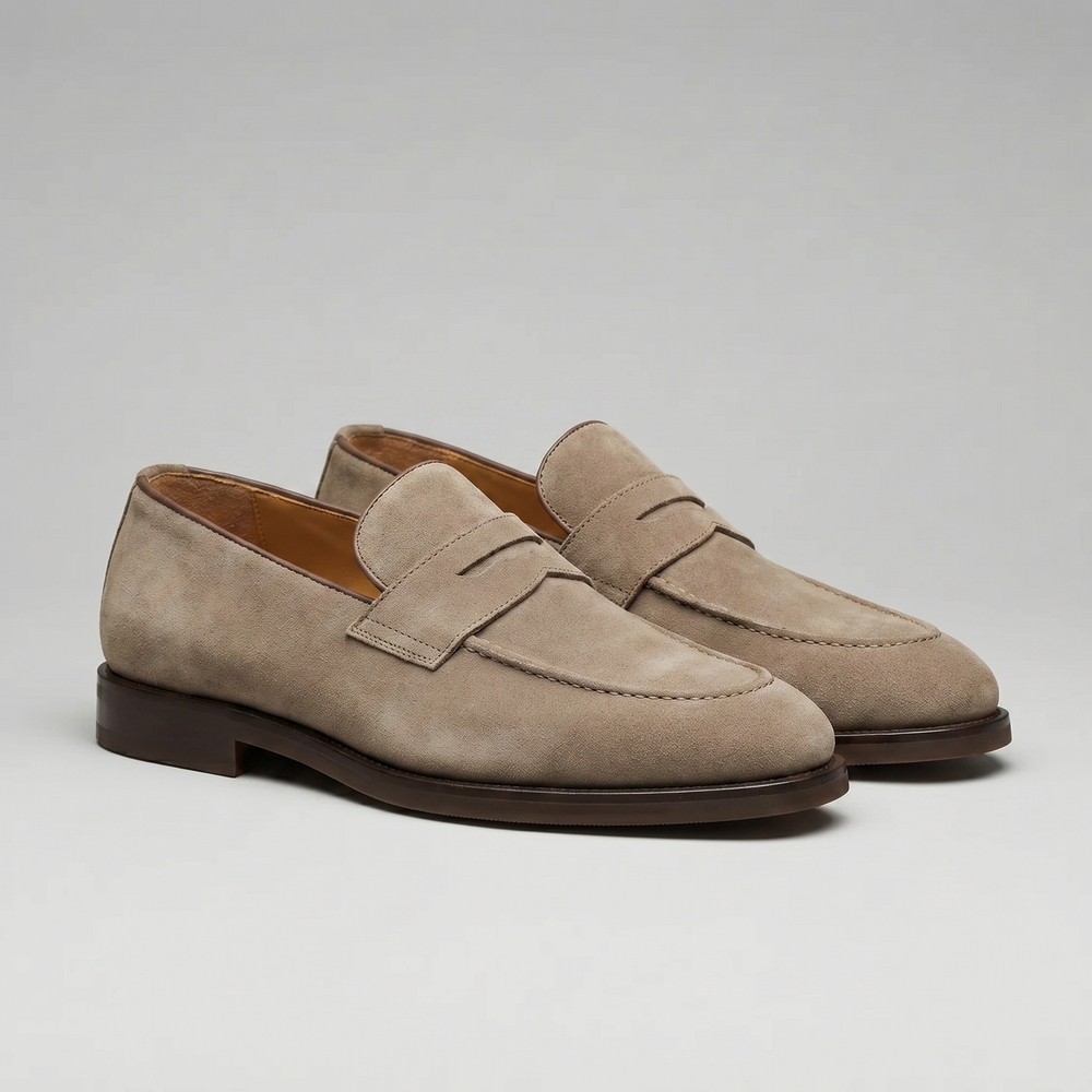 Beige Suede Penny Loafers