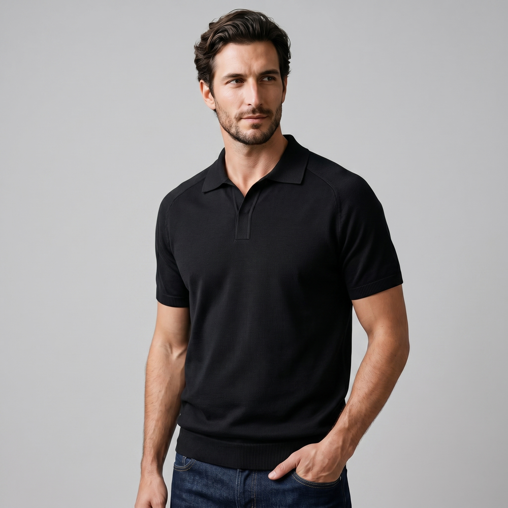 Fine Knit Open-Collar Polo