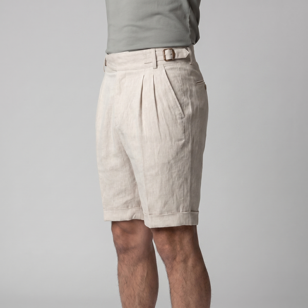 Linen Classic Shorts With Adjustable Waist And Pleats