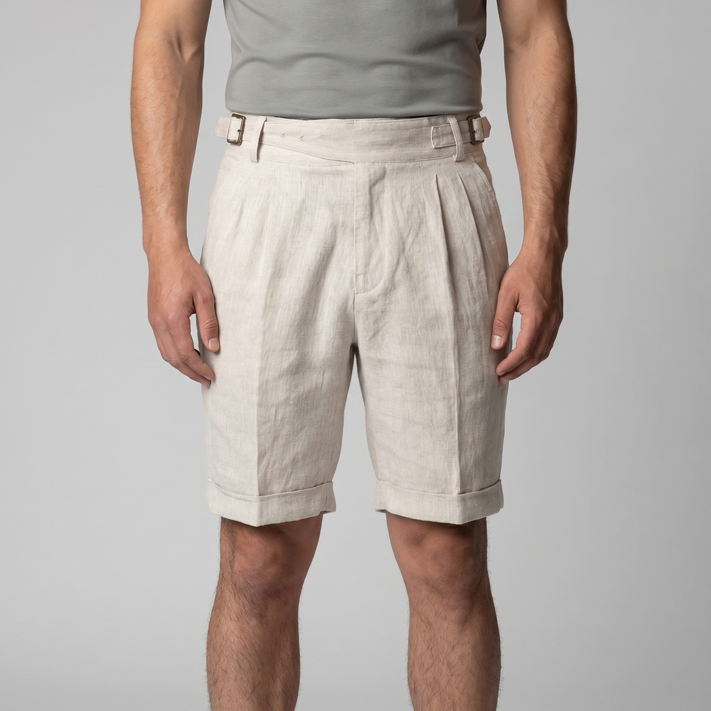 Linen Classic Shorts With Adjustable Waist And Pleats