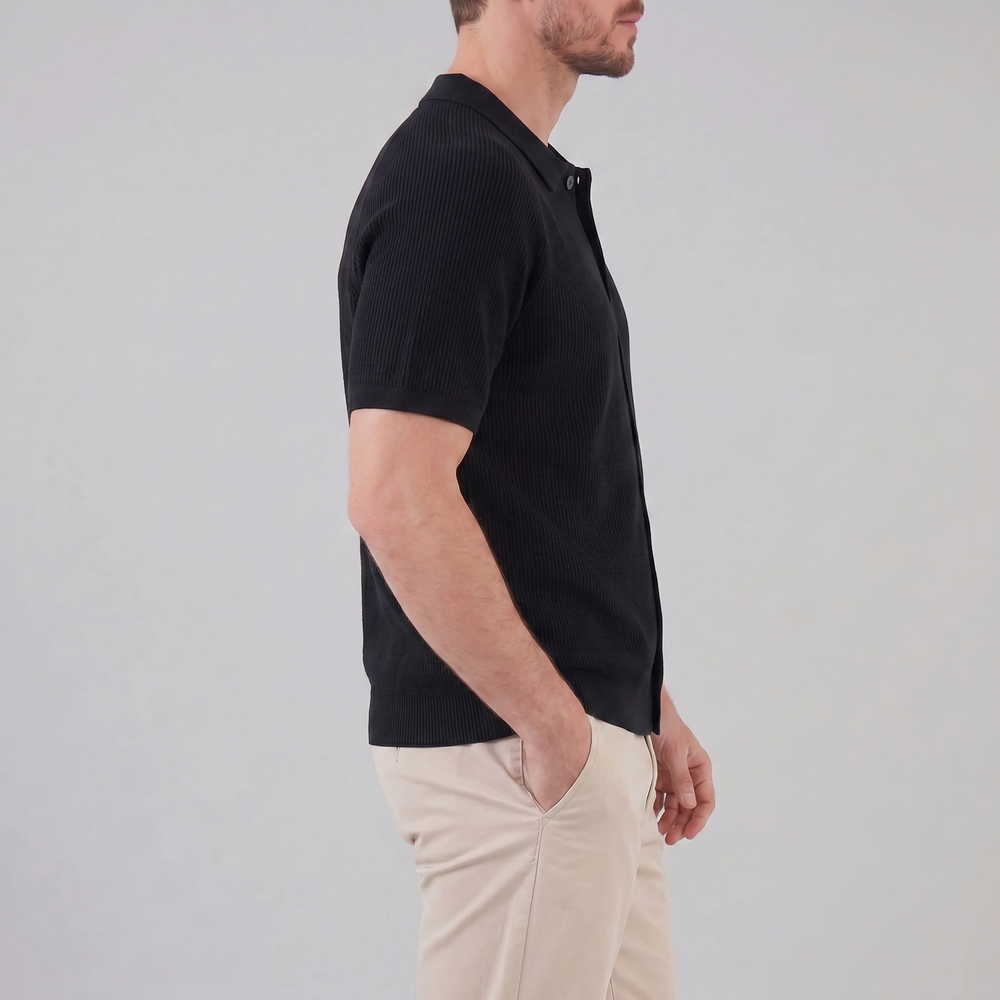 Ribbed Knit Button-Through Polo