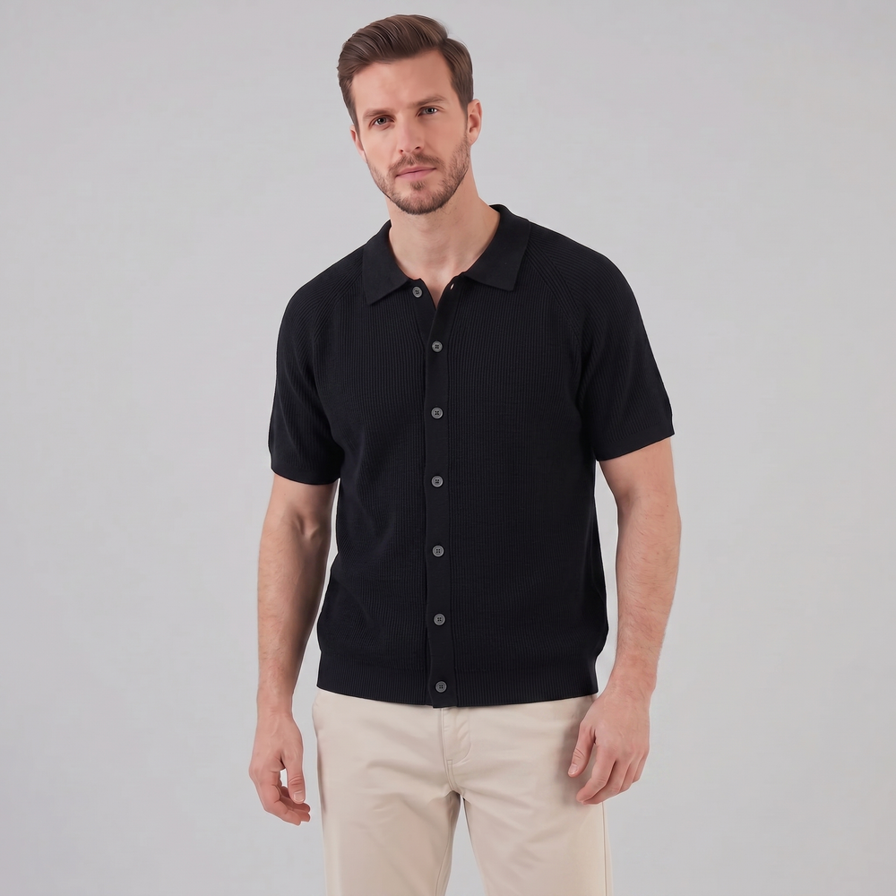 Ribbed Knit Button-Through Polo