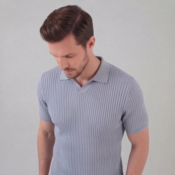 Ribbed Knit Short Sleeve Polo Shirt