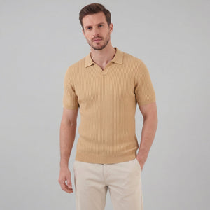 Ribbed Knit Short Sleeve Polo Shirt