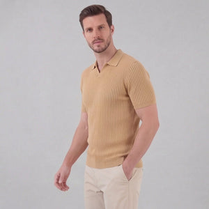 Ribbed Knit Short Sleeve Polo Shirt