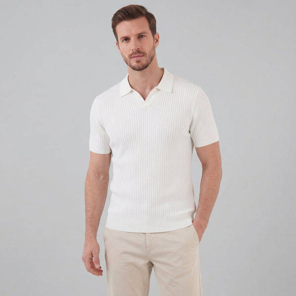 Ribbed Knit Short Sleeve Polo Shirt