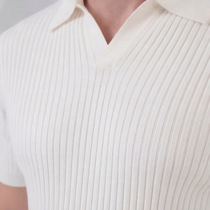 Ribbed Knit Short Sleeve Polo Shirt