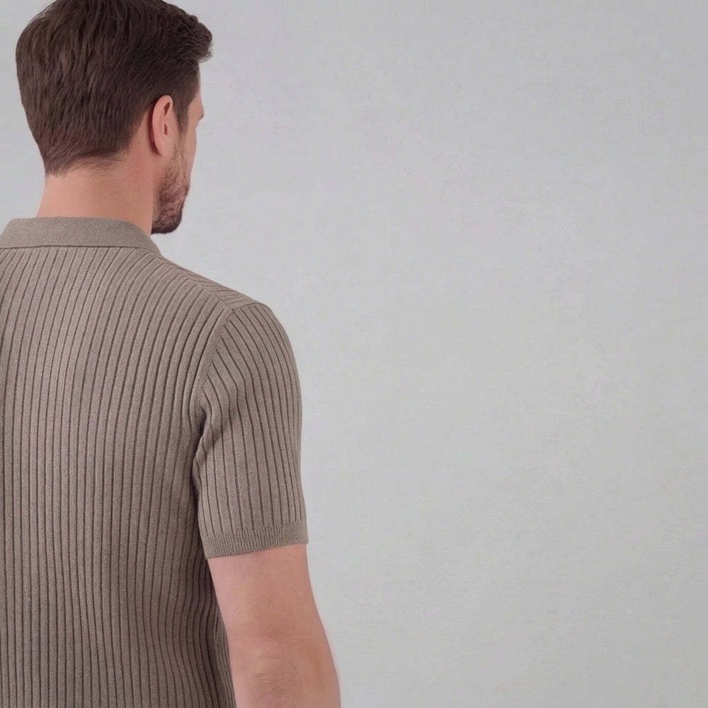 Ribbed Knit Short Sleeve Polo Shirt