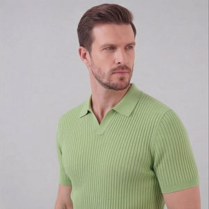 Ribbed Knit Short Sleeve Polo Shirt