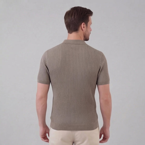 Ribbed Knit Short Sleeve Polo Shirt