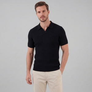 Ribbed Knit Short Sleeve Polo Shirt