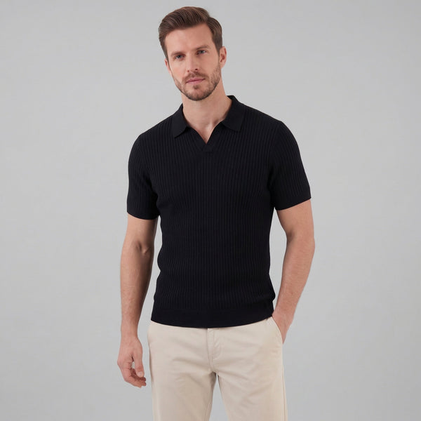 Ribbed Knit Short Sleeve Polo Shirt