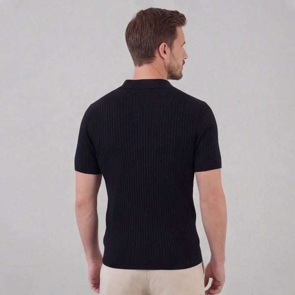 Ribbed Knit Short Sleeve Polo Shirt