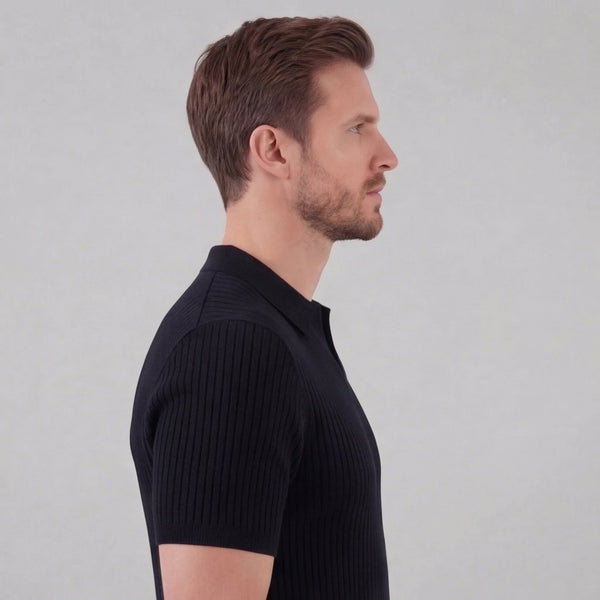 Ribbed Knit Short Sleeve Polo Shirt