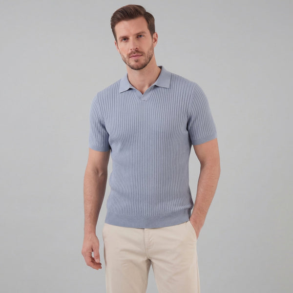 Ribbed Knit Short Sleeve Polo Shirt