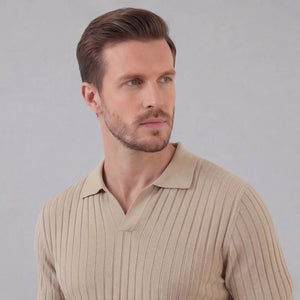 Ribbed Short Sleeve V-Neck Polo