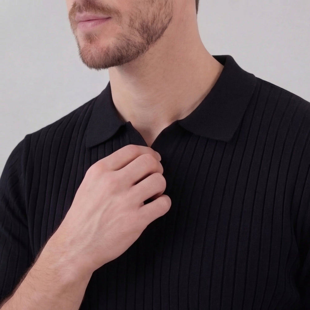 Ribbed Short Sleeve V-Neck Polo