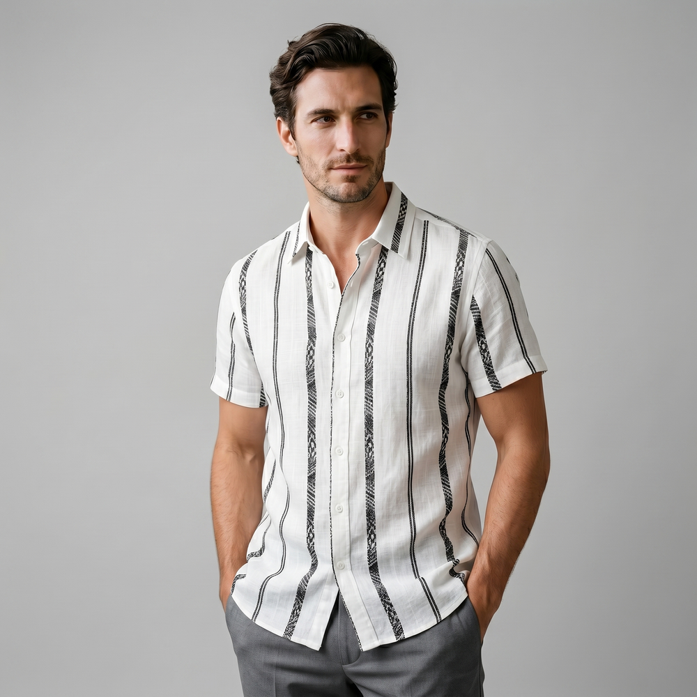 Short Sleeve Textured Stripe Button-Up Shirt
