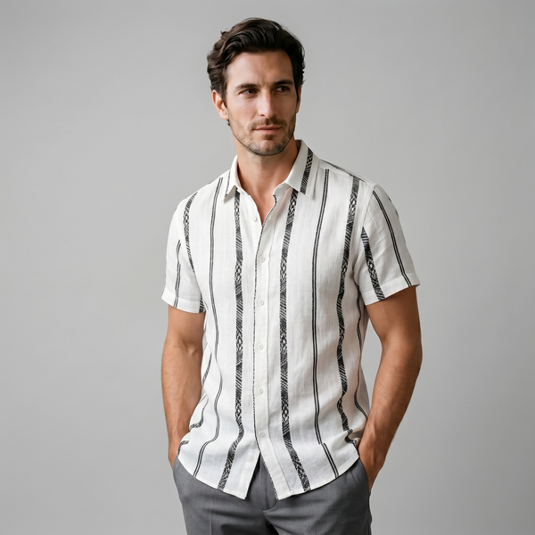 Short Sleeve Textured Stripe Button-Up Shirt