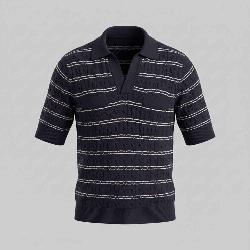 Striped Cable Knit Open Collar Polo