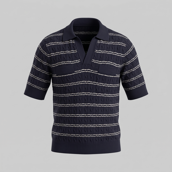 Striped Cable Knit Open Collar Polo