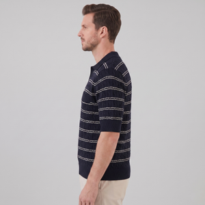 Striped Cable Knit Open Collar Polo