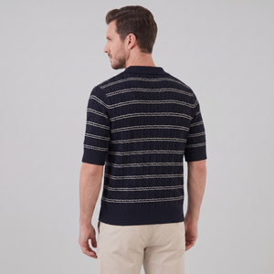Striped Cable Knit Open Collar Polo