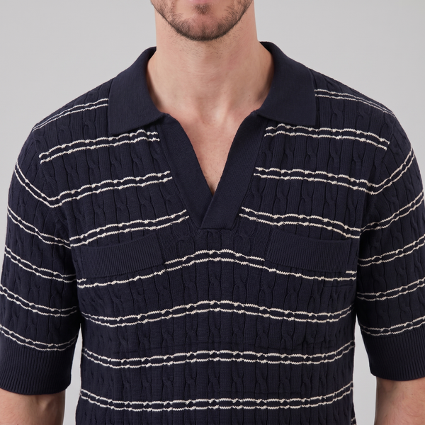 Striped Cable Knit Open Collar Polo