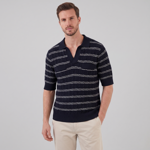 Striped Cable Knit Open Collar Polo