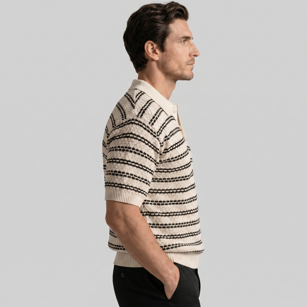 Striped Crochet Knit Polo Shirt