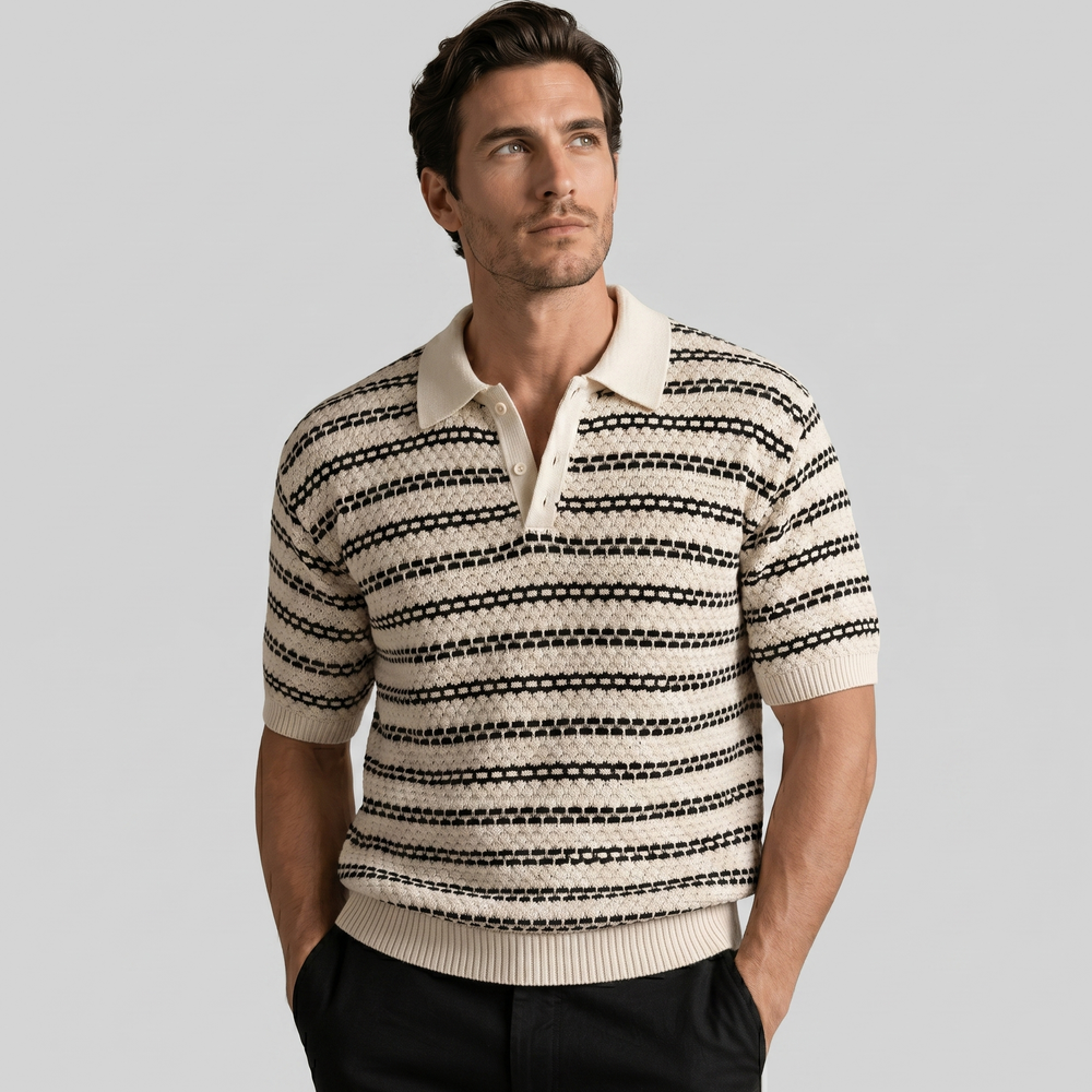Striped Crochet Knit Polo Shirt