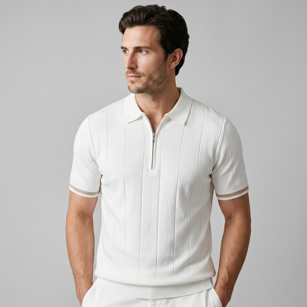 Vertical Stripe Zip-Neck Polo