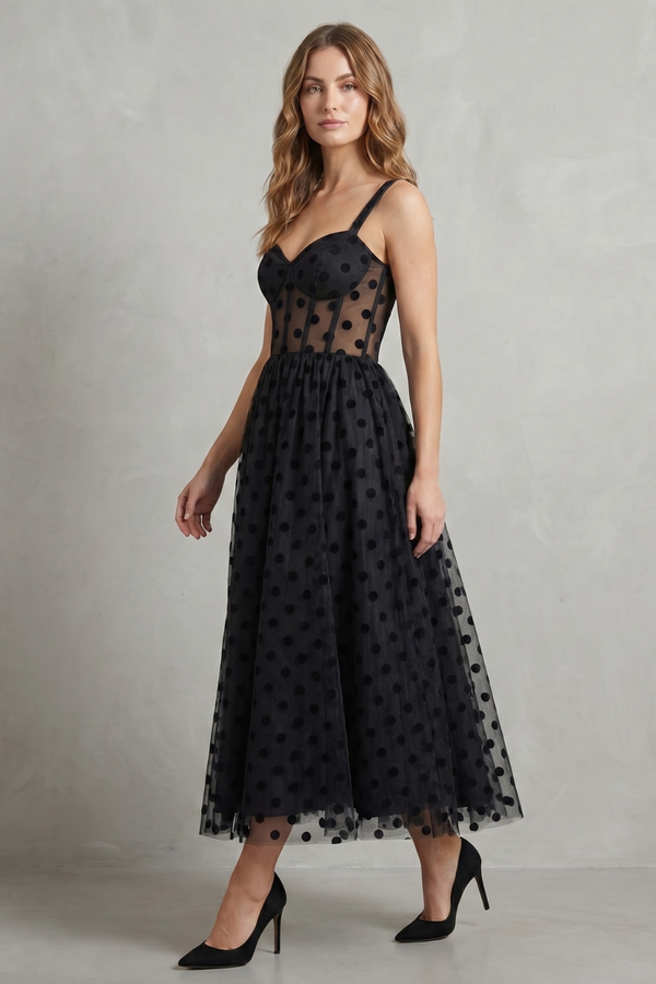 Polka Dot Mesh Elegance Midi Dress