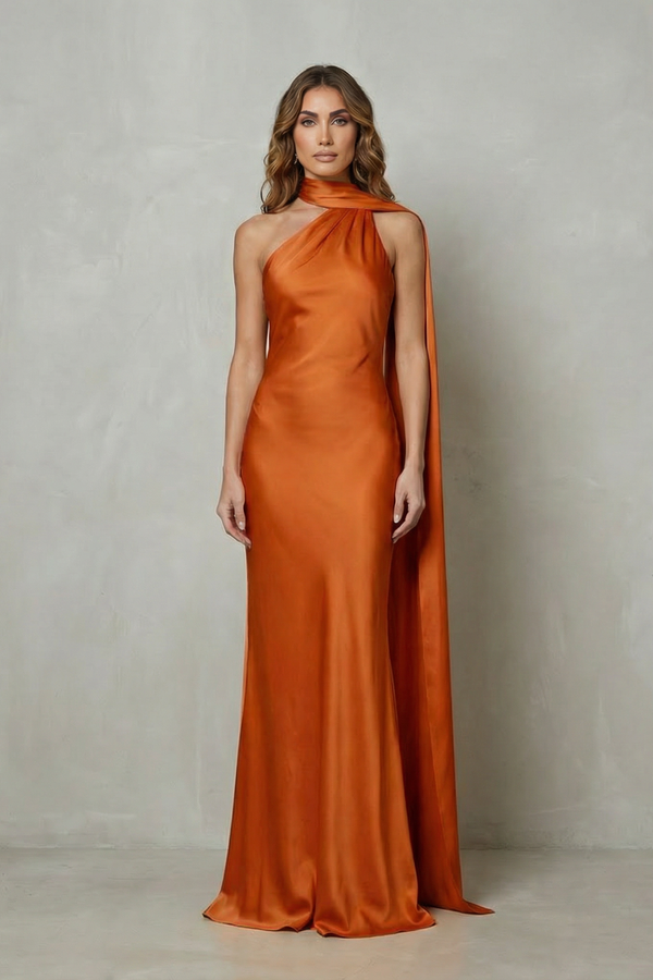 Draped Neckline Cascade Satin Mermaid Gown