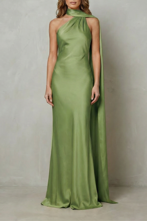 Draped Neckline Cascade Satin Mermaid Gown