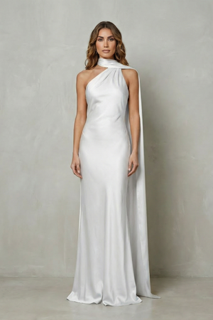 Draped Neckline Cascade Satin Mermaid Gown