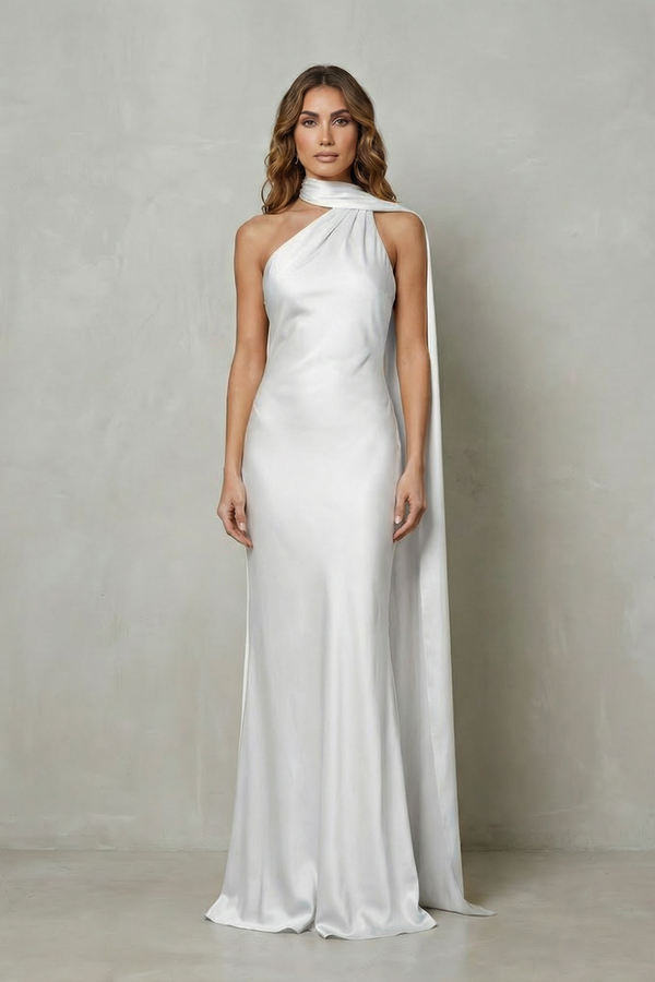 Draped Neckline Cascade Satin Mermaid Gown