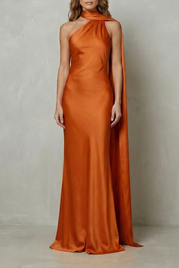 Draped Neckline Cascade Satin Mermaid Gown